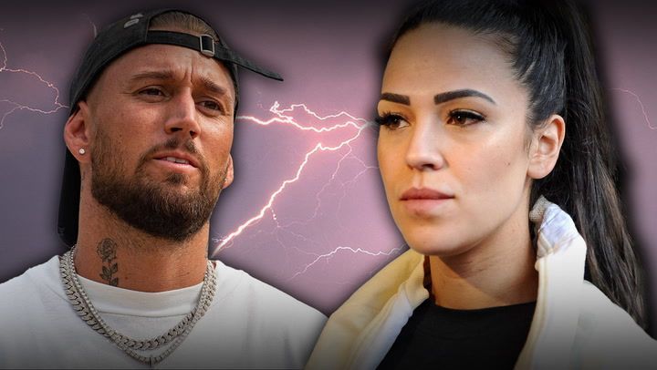 Mike Heiter und Elena Miras mit ernsten Gesichtsausdrücken vor einem dramatischen Hintergrund mit Blitzen – Symbolbild für Spannungen oder Streit zwischen den beiden Reality-TV-Stars.