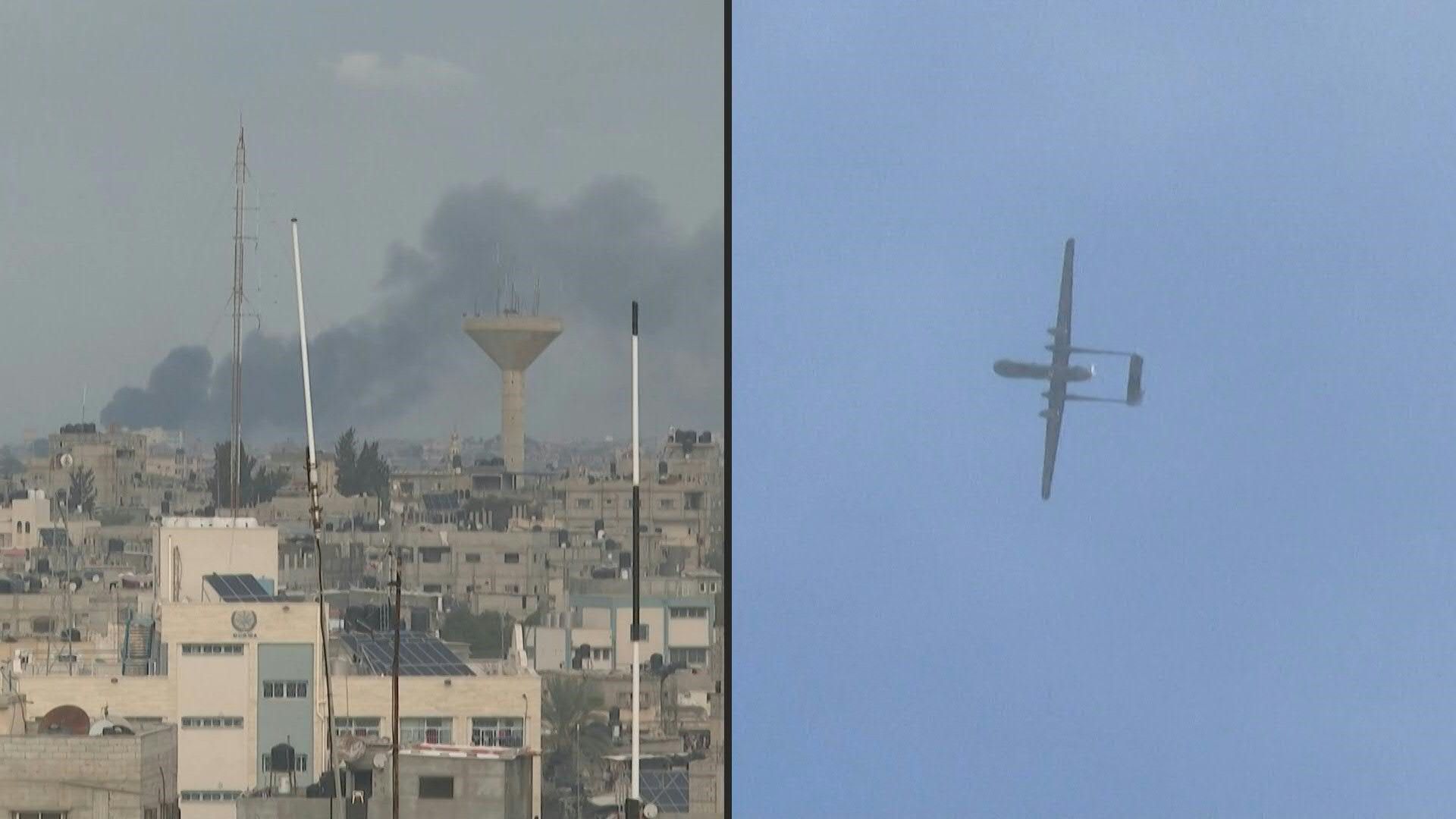 Smoke rises above Khan Yunis as Israeli drone flies over Rafah