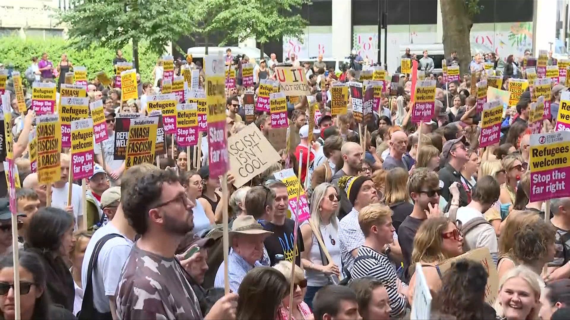 Anti-far right protest outside Reform UK party HQ in London