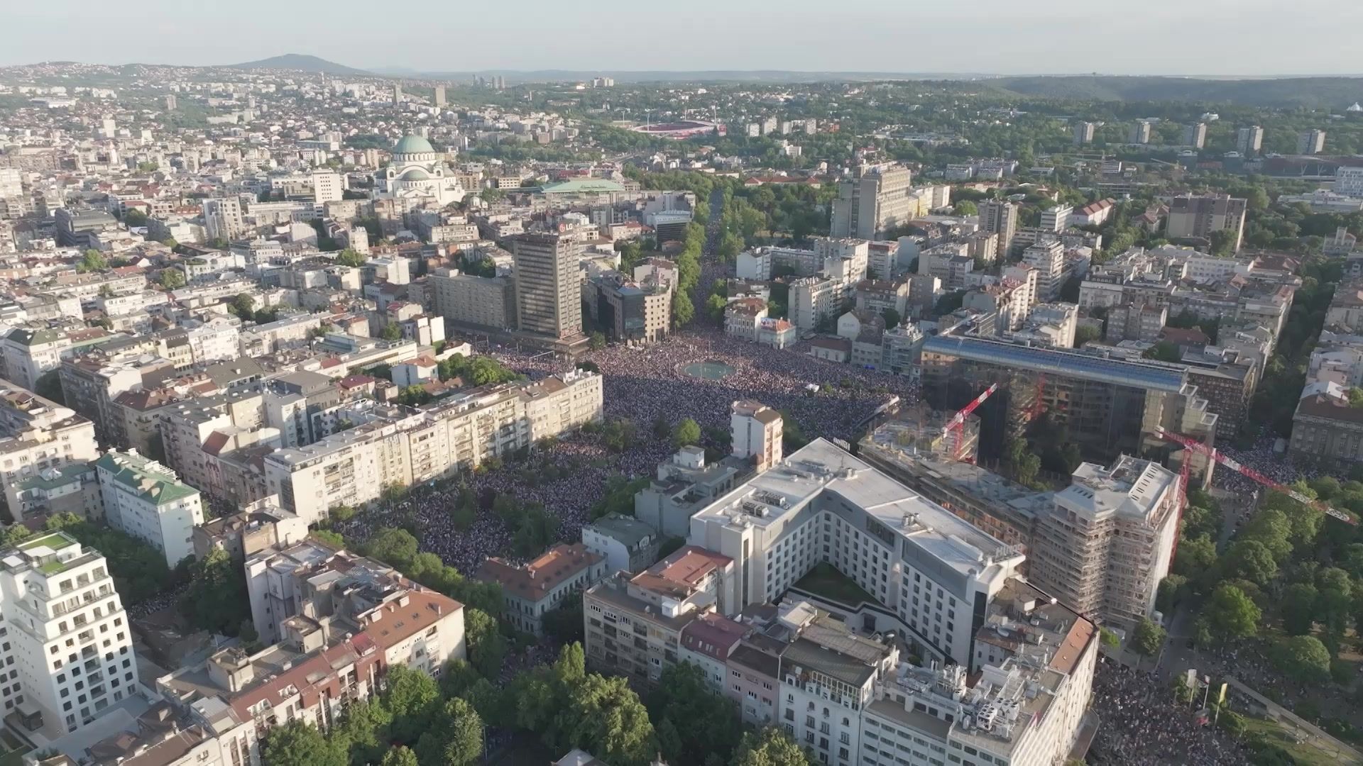 Aerial images of thousands of people protesting in the Serbian capital