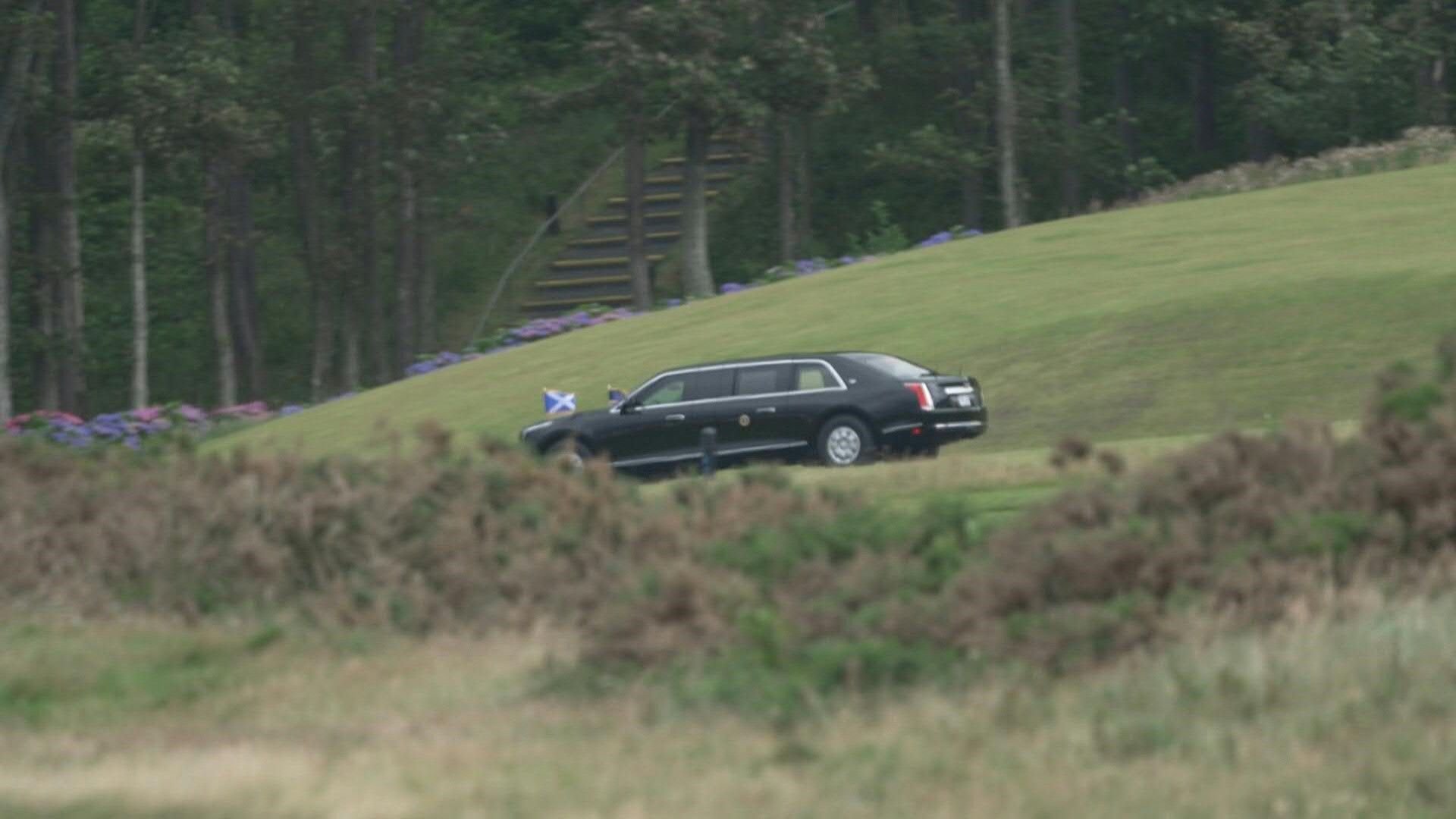 US President Donald Trump's motorcade arrives at Scottish golf course
