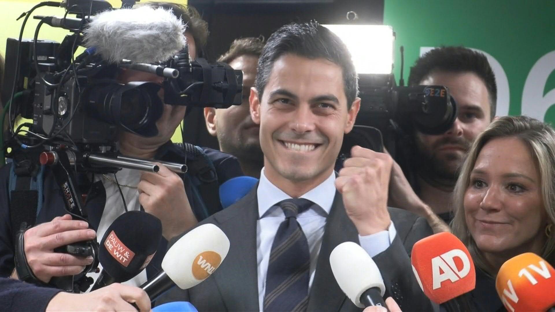 Dutch centrist leader Rob Jetten celebrates after election success
