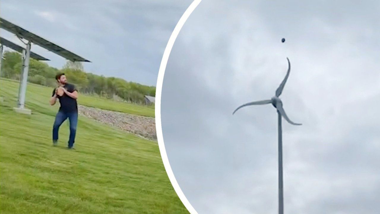 Video: Football trifft auf Windrad: Turbine schleudert Ball in den Himmel