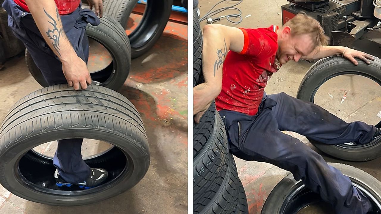 Video: Mit Schuhen steckengeblieben: Mechaniker-Neuling fällt auf Reifen-Streich herein
