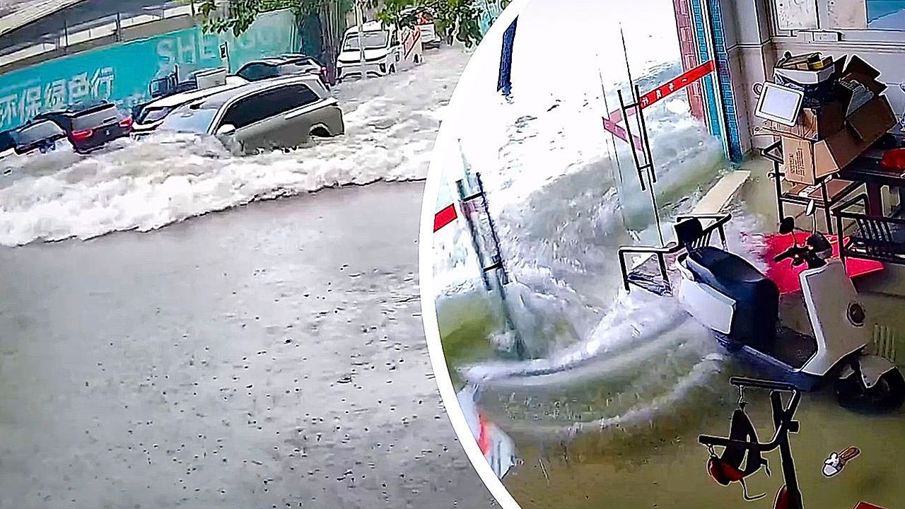 Electric car driving through flood triggers mini-tsunami