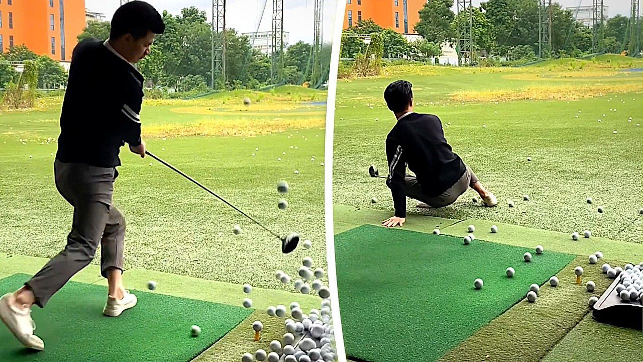 Video: Novice golfer accidentally whacks basket of balls at driving range