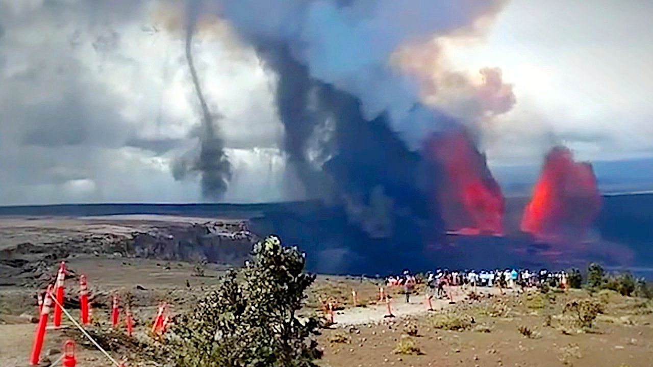 Video: Rare 'volnado' swirls near Kīlauea volcano as lava blasts skyward