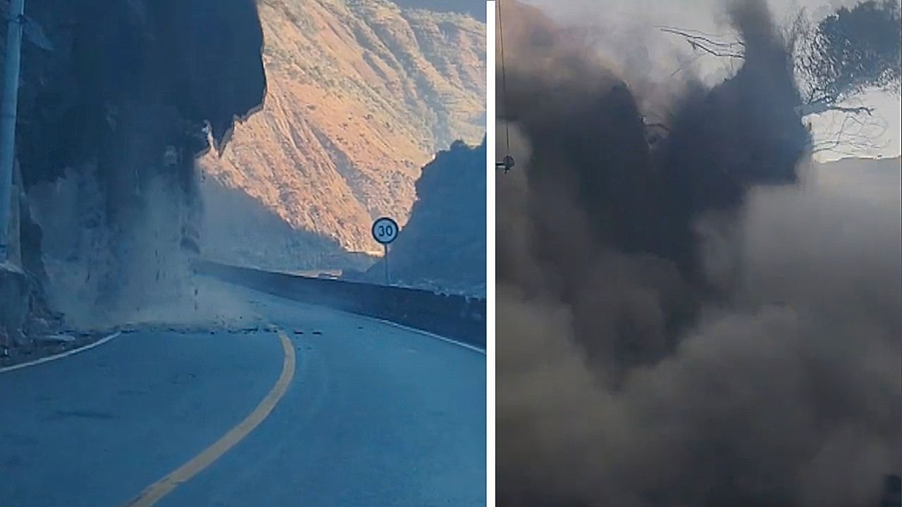 Video: Boulder breaks loose beside mountain road in China