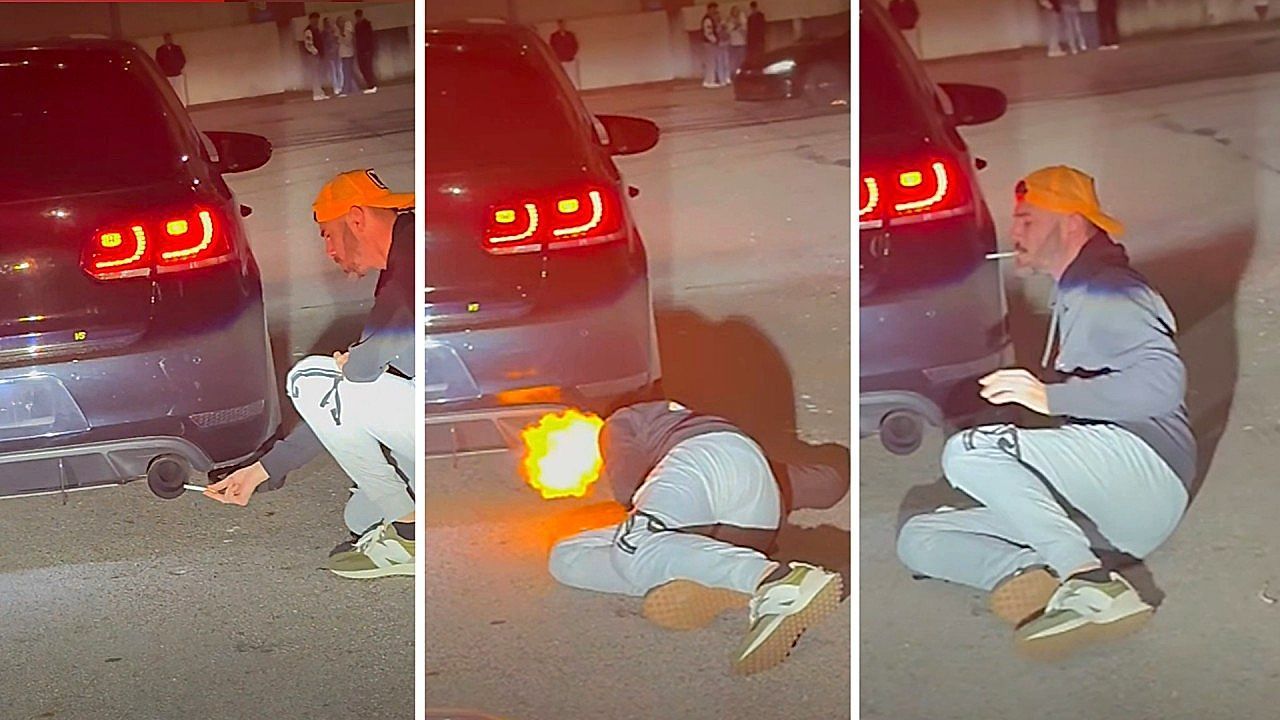 Video: Man lights cigarette using car exhaust flames