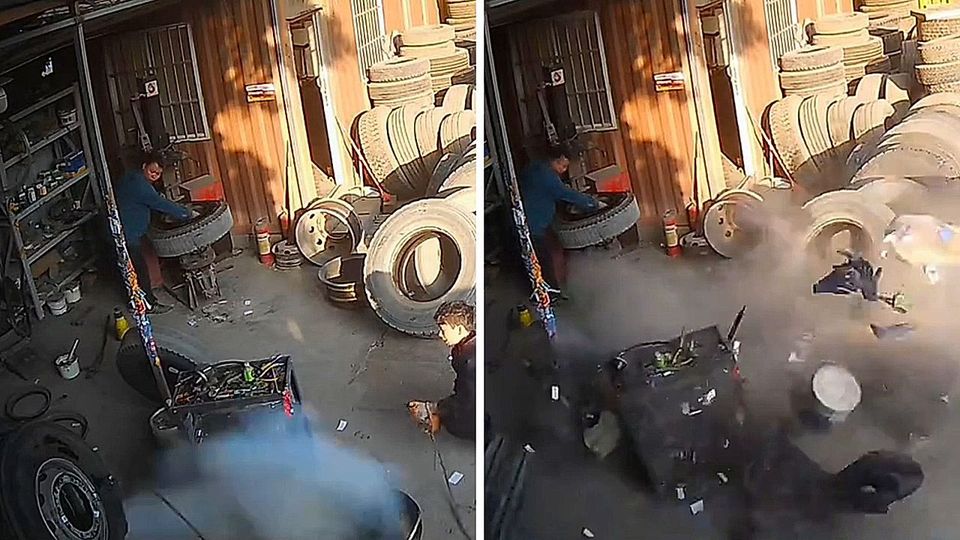 Schock in der Werkstatt: Reifen explodiert direkt vor Werkstatt-Mitarbeiter