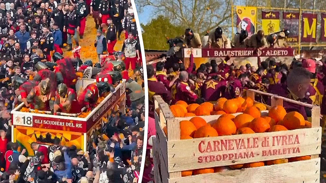 Video: Dreitägige Obstschlacht an Karneval: In Ivrea fliegen die Orangen