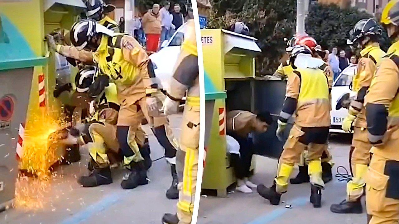 Video: Firefighters respond after man becomes trapped inside donation bin  