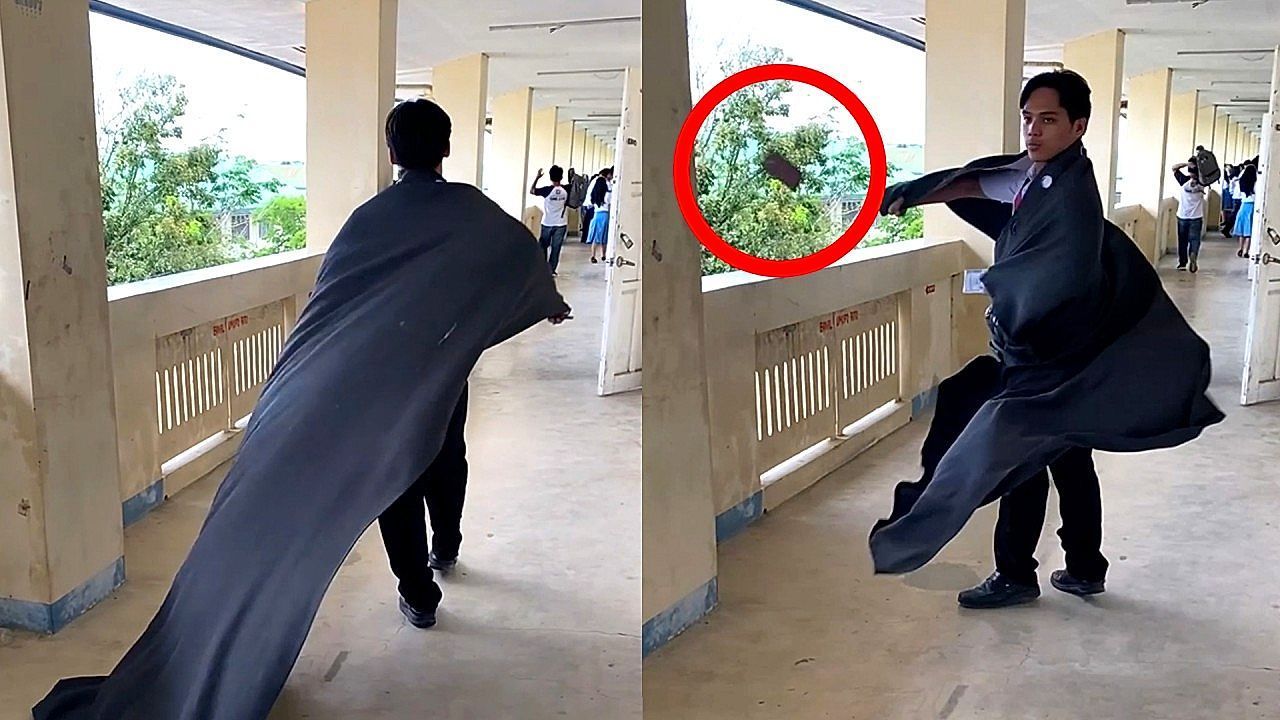 Video: A student accidentally drops his cell phone from the fourth floor while walking like a diva