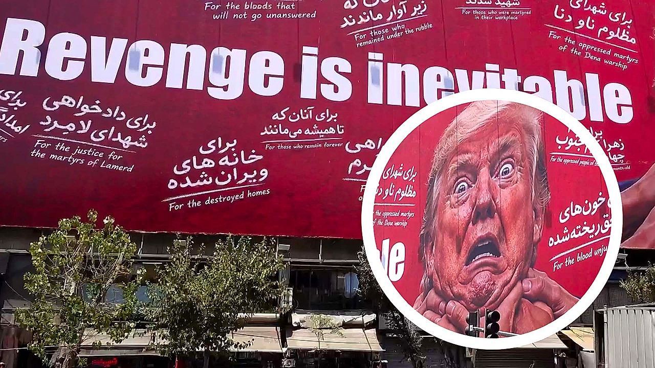 Video: Billboard depicting hands around Trump's neck installed at central Iran intersection