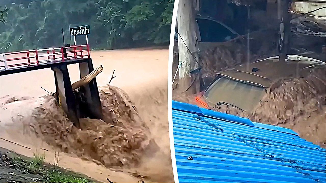 Video: Cars swallowed and bridges swept away as flash floods devastate northern Thailand