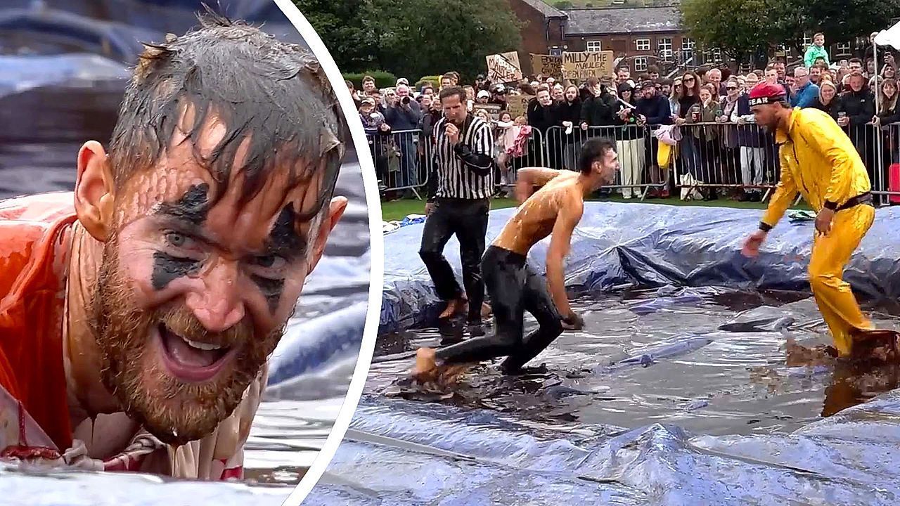 Video: Wrestlers compete in giant pool of gravy at World Gravy Wrestling Championships
