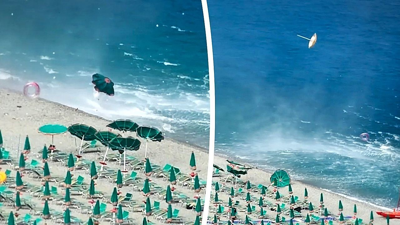 Video: Sonnenschirme machen sich selbstständig: Wasserhose fegt über Strand in Kalabrien