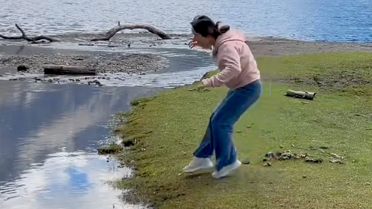 Video: Woman loses her nerve at the last second and lands straight in the stream