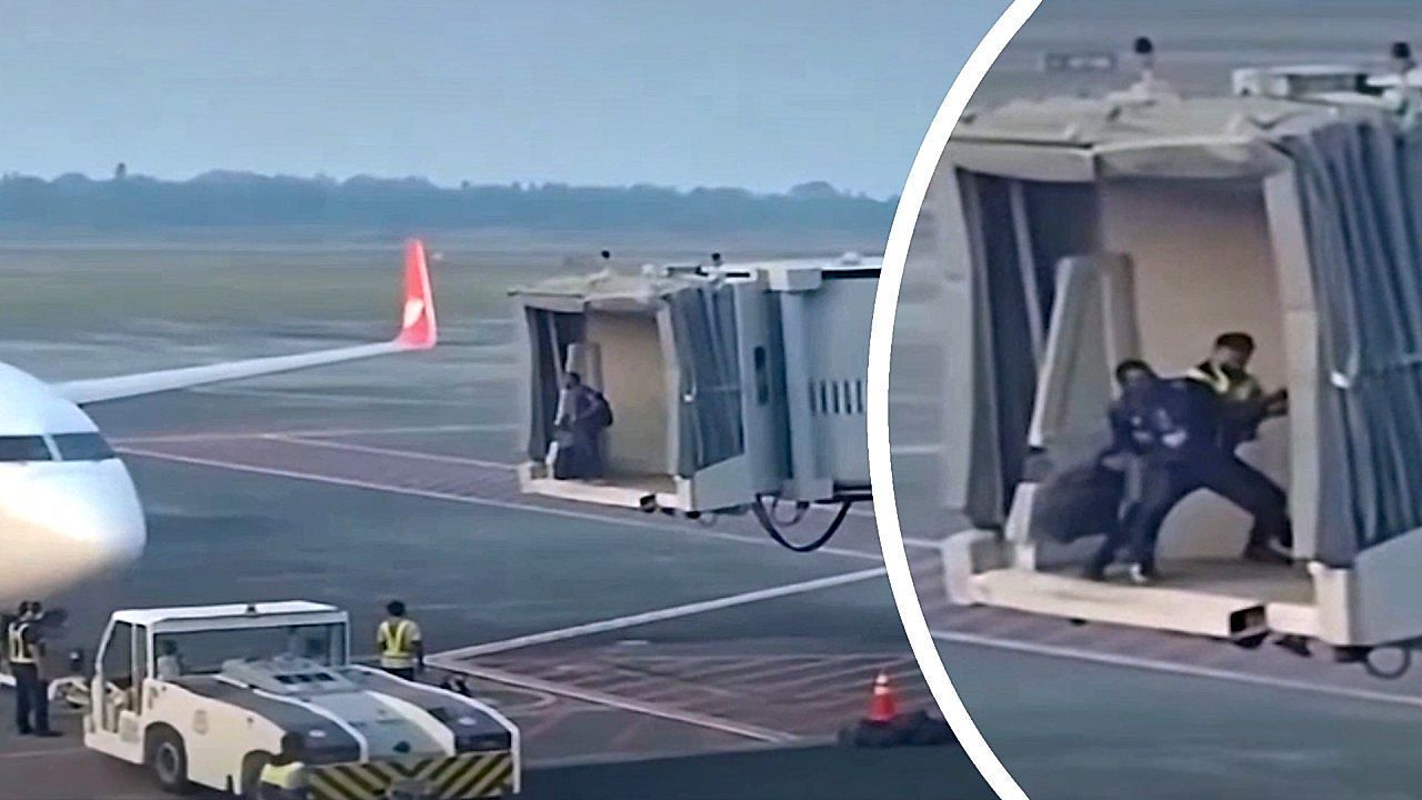 Video: Flug verpasst: Passagier geht auf Fluggastbrücke auf Sicherheitsmann los