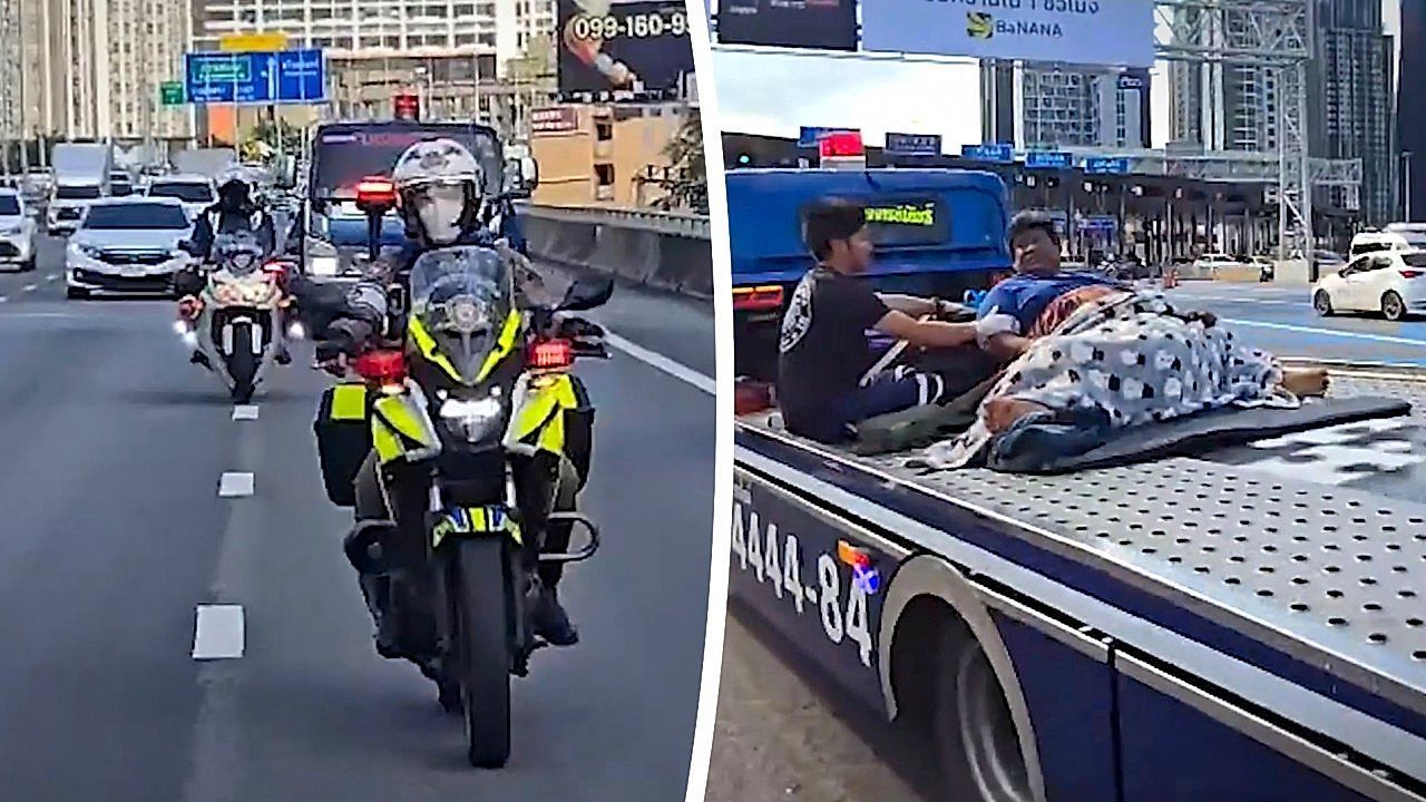 Traffic police escort 660-pound patient on truck to Bangkok hospital