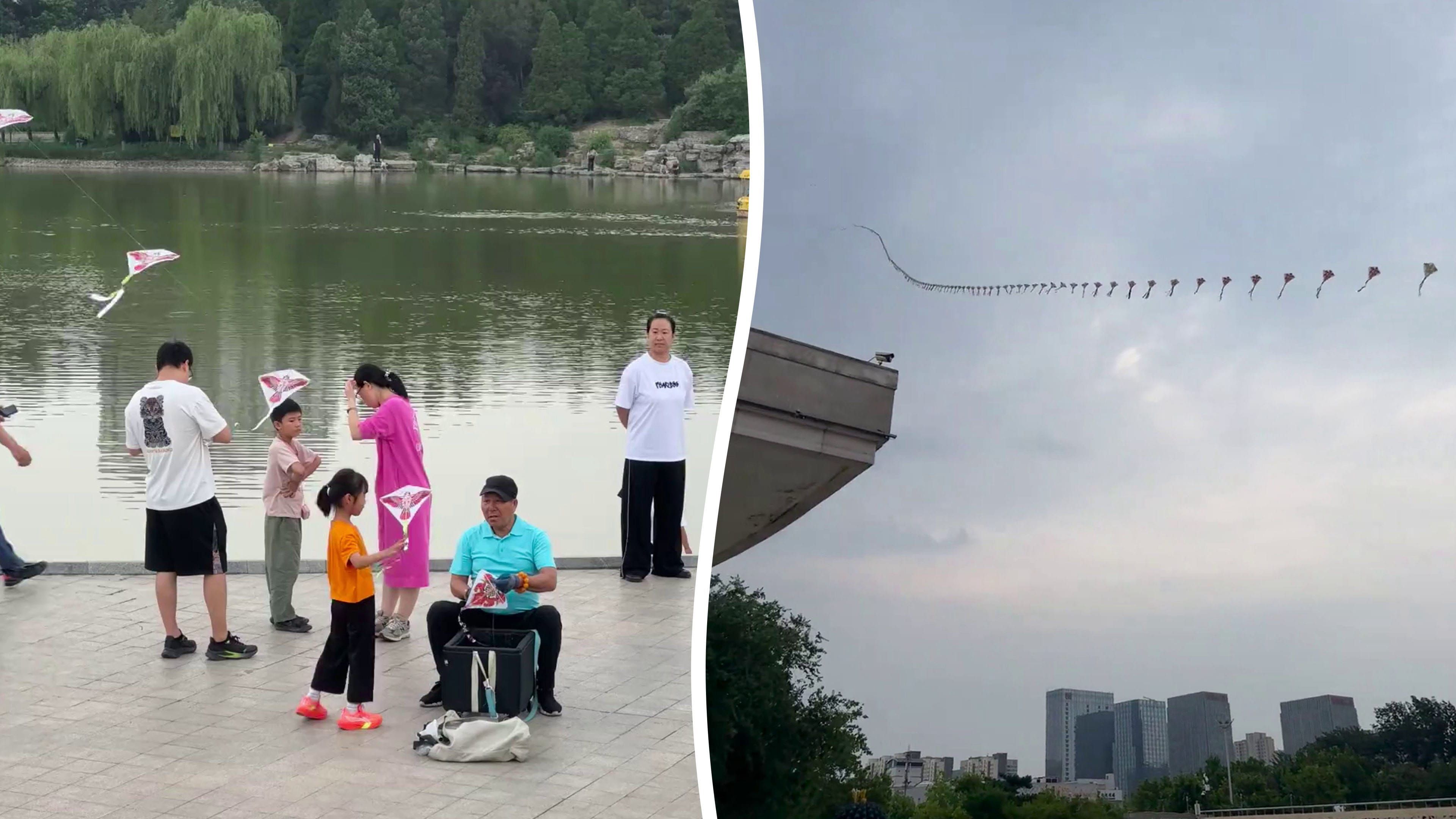 Video: Mann lässt riesigen endlosen Drachen über den Himmel schweben