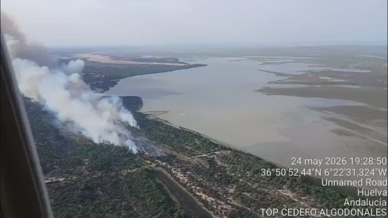 Video: Spanien: Hubschrauberaufnahmen zeigen riesigen Waldbrand, der sich über Marismillas in Almonte ausbreitet