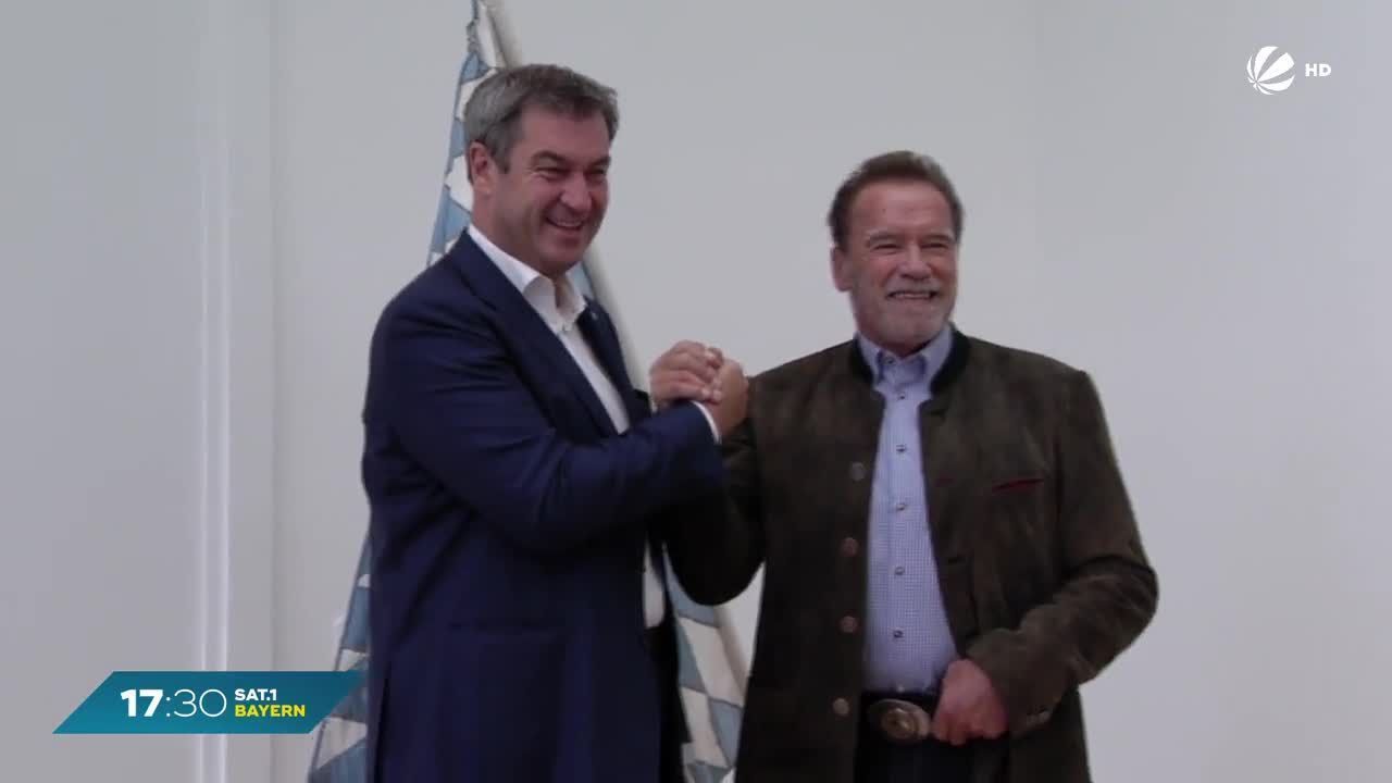 Prominenz in München: Hollywood-Star Schwarzenegger trifft Söder